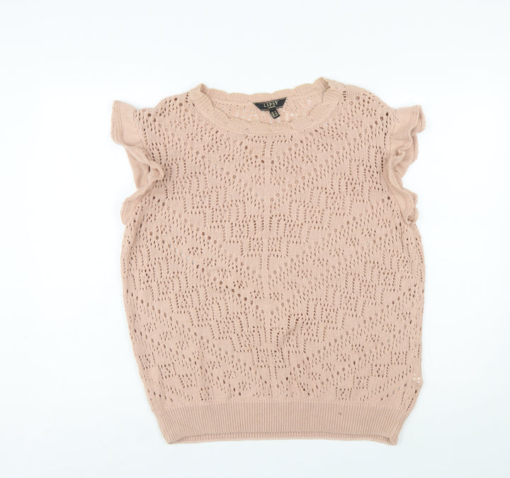 Lipsy Women’s Beige Open-Knit Ruffle Sleeveless Jumper UK 16