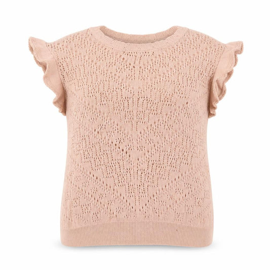 Front view of Lipsy Women’s Beige Open-Knit Ruffle Sleeveless Jumper UK 16