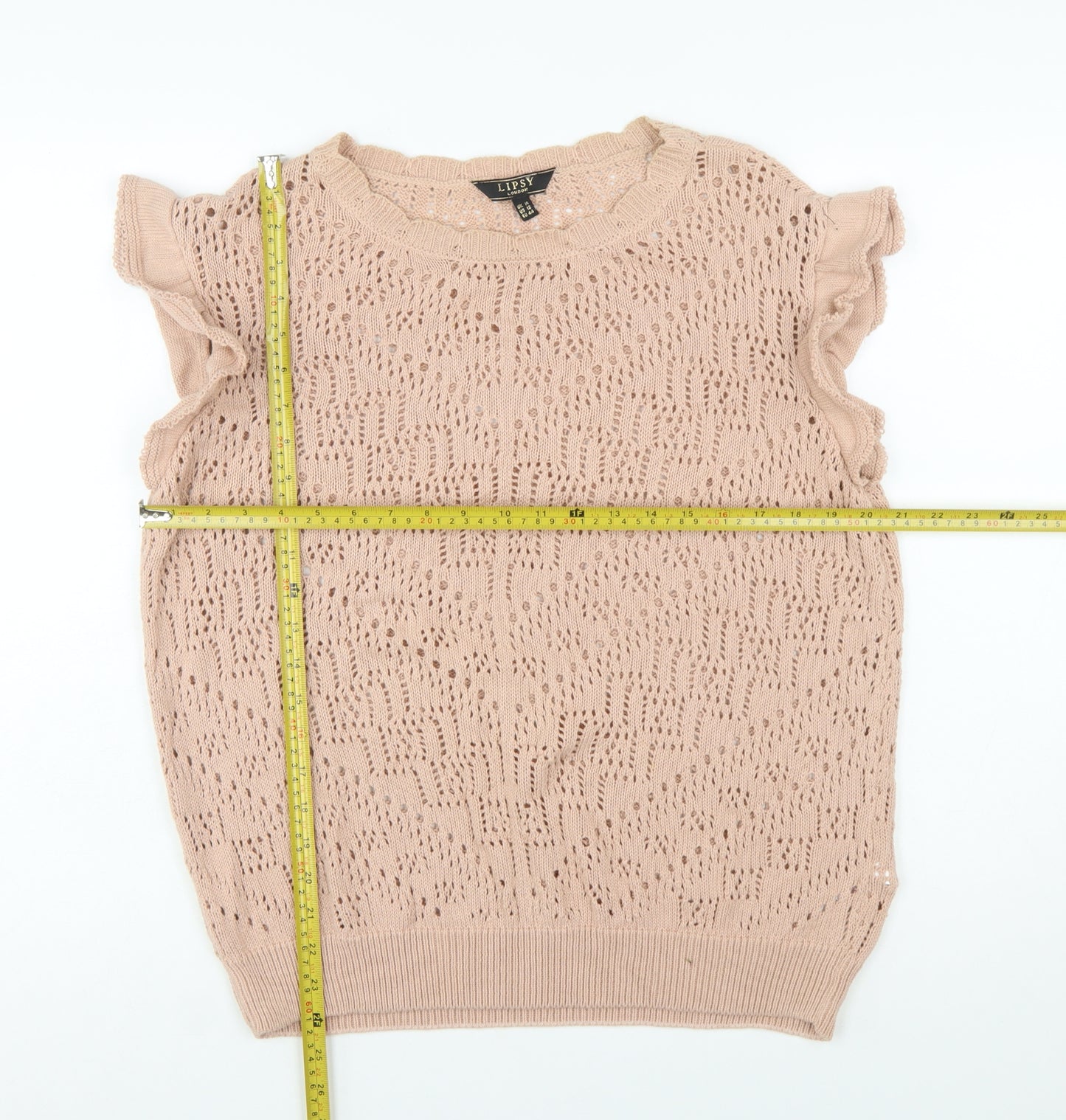 Lipsy Women’s Beige Open-Knit Ruffle Sleeveless Jumper UK 16