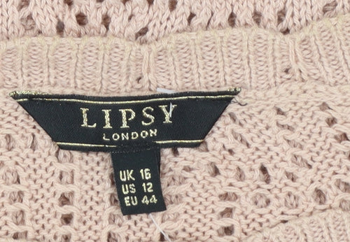Lipsy Women’s Beige Open-Knit Ruffle Sleeveless Jumper UK 16