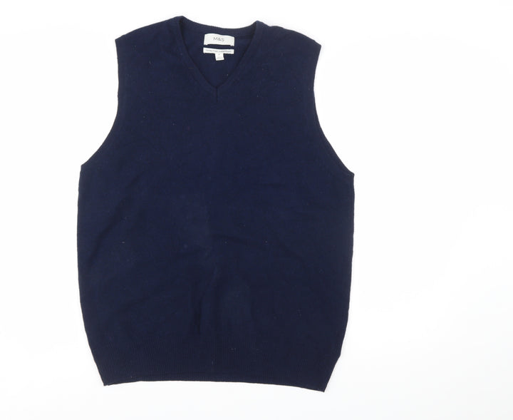 Marks and Spencer Men's Blue Wool V-Neck Sleeveless Vest Jumper M