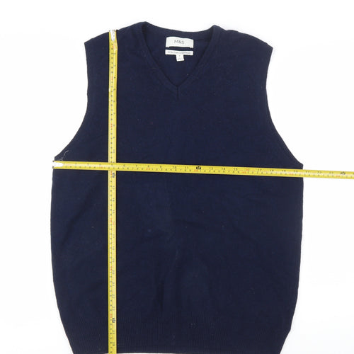 Marks and Spencer Men's Blue Wool V-Neck Sleeveless Vest Jumper M