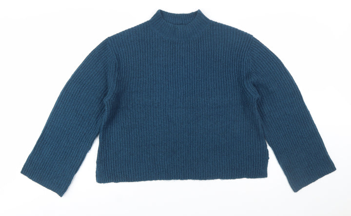 AND/OR Womens Blue Mock Neck Chunky-Knit Wool Blend Jumper M
