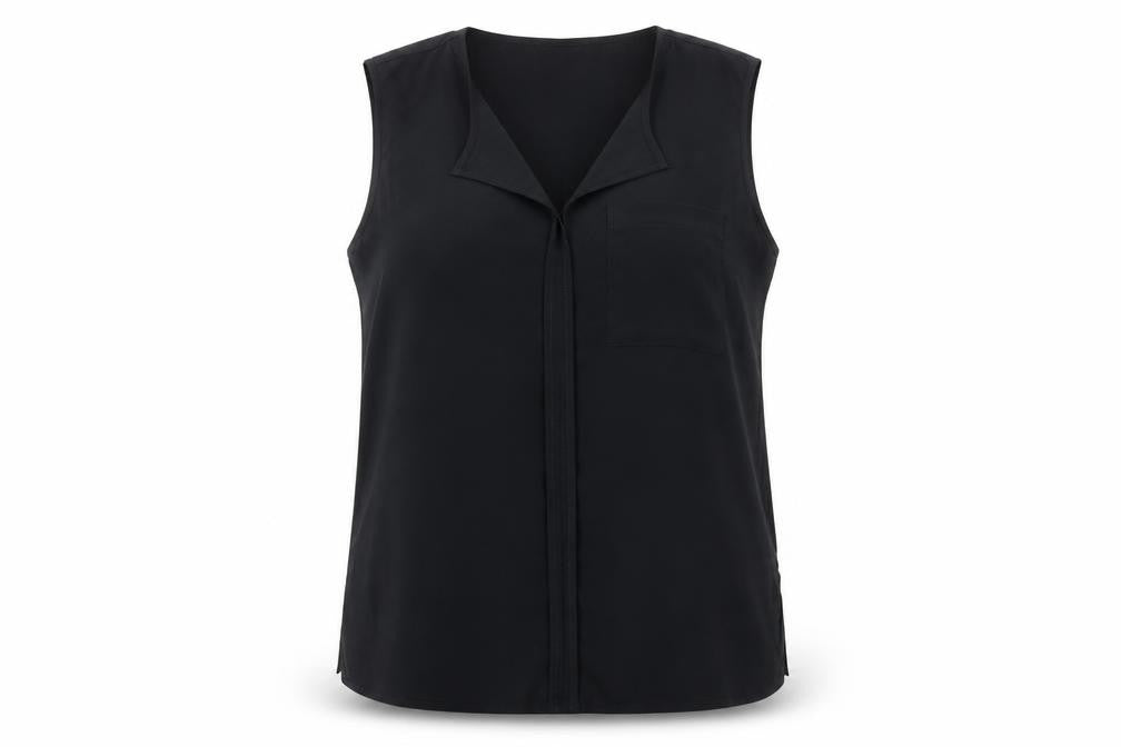 Front view of H&M Women's Black Sleeveless V-Neck Polyester Blouse, size 14