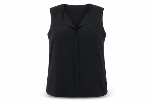 Front view of H&M Women's Black Sleeveless V-Neck Polyester Blouse, size 14