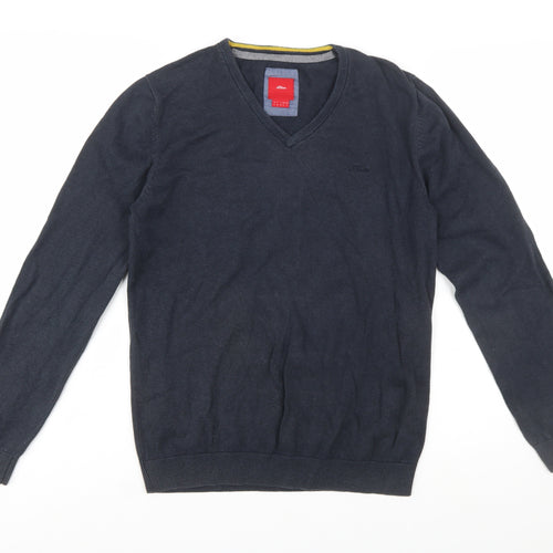 s.Oliver Men's Blue V-Neck Cotton Jumper Size S