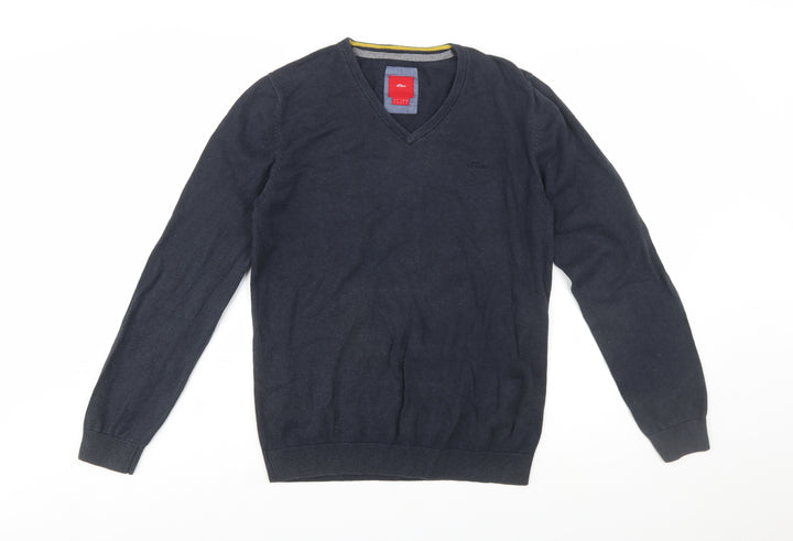 s.Oliver Men's Blue V-Neck Cotton Jumper Size S