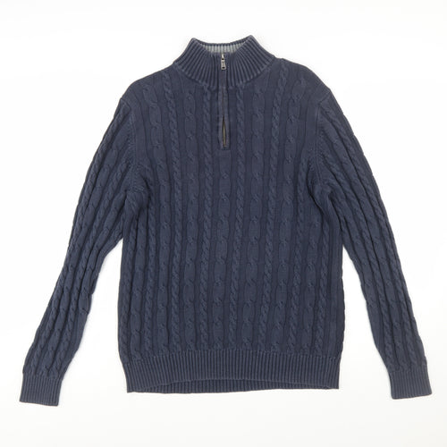 Lands' End Women's Blue Cotton Cable Knit Half Zip Jumper L