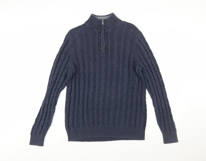 Lands' End Women's Blue Cotton Cable Knit Half Zip Jumper L