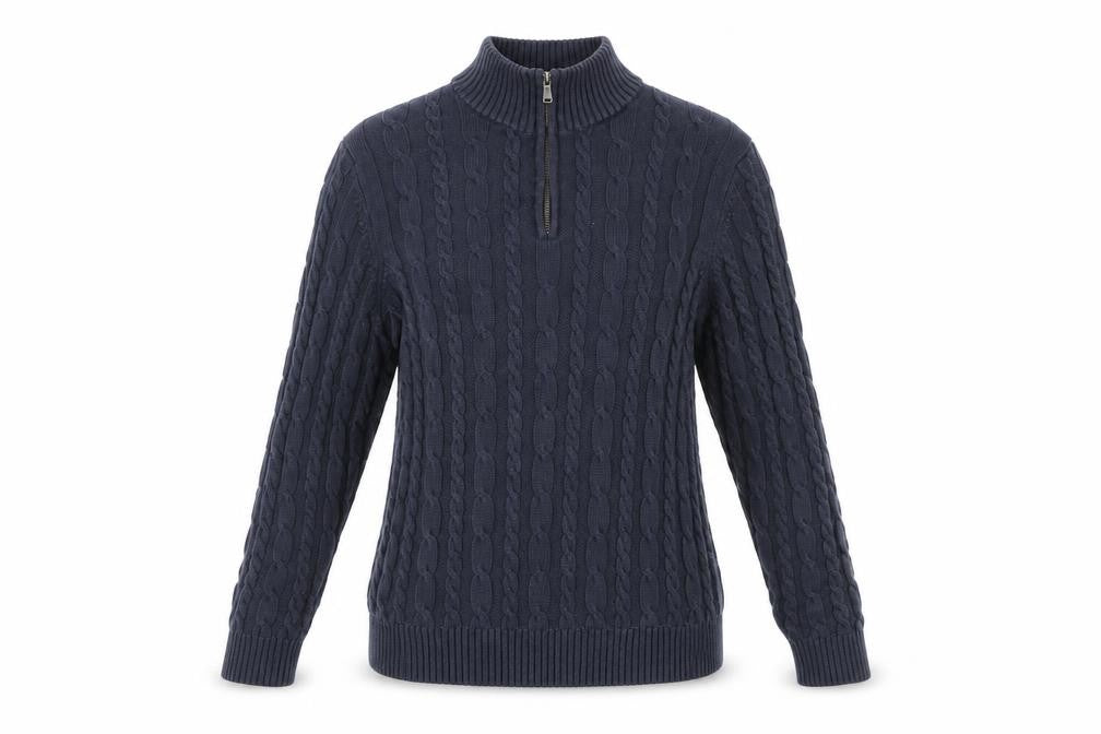 Front view of Lands' End Women's Blue Cotton Cable Knit Half Zip Jumper L