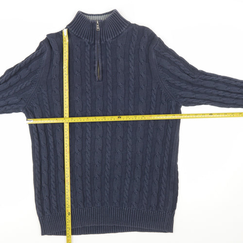 Lands' End Women's Blue Cotton Cable Knit Half Zip Jumper L
