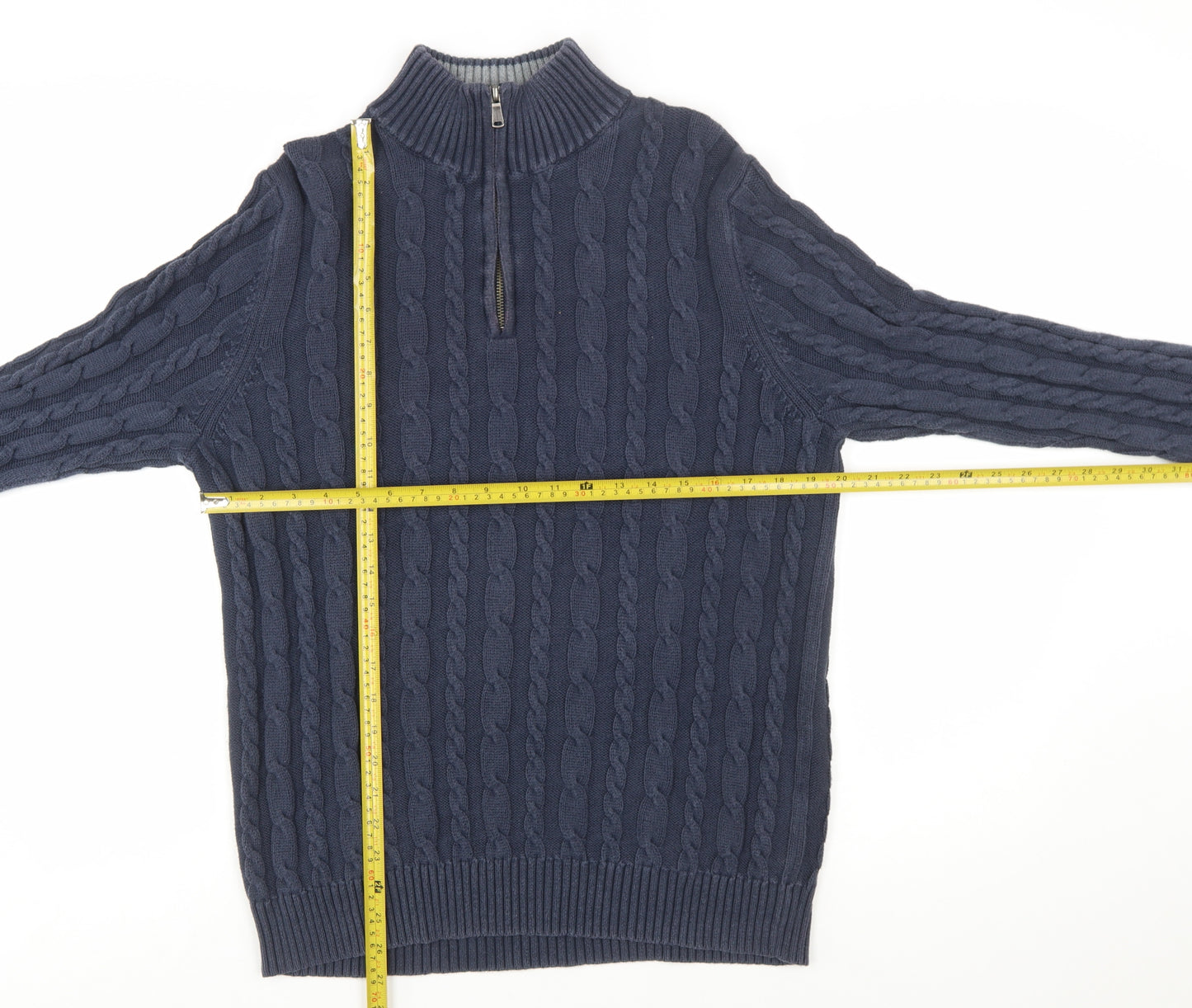 Lands' End Women's Blue Cotton Cable Knit Half Zip Jumper L