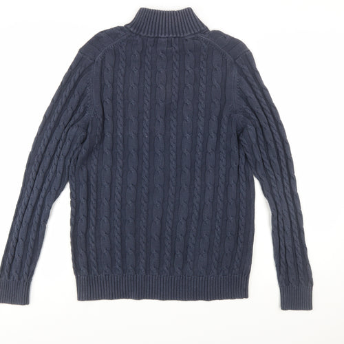Lands' End Women's Blue Cotton Cable Knit Half Zip Jumper L