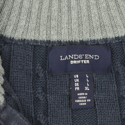 Lands' End Women's Blue Cotton Cable Knit Half Zip Jumper L