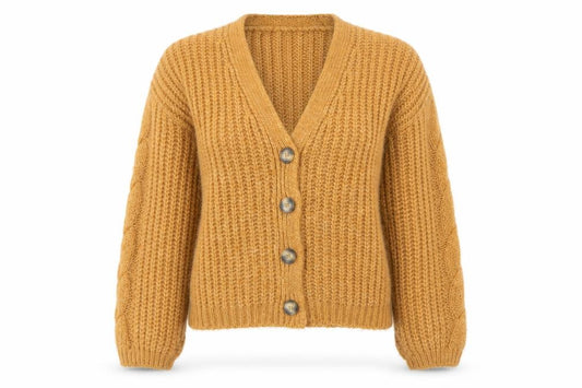 Front view of Next women’s brown chunky knit v-neck button cardigan, size S