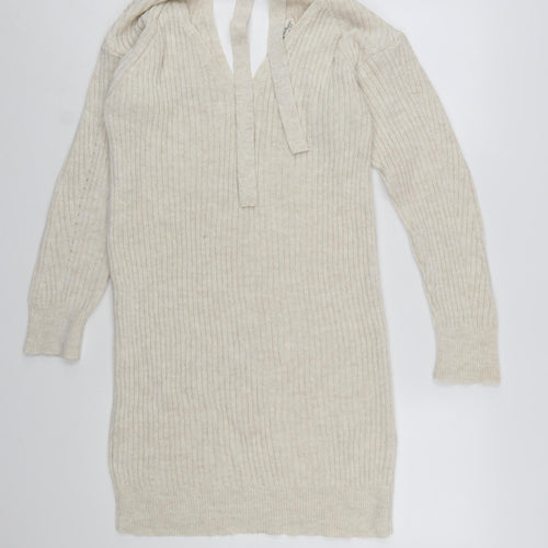 Miss Selfridge Women Beige Knit Jumper Dress Size 10 V-Neck Long Sleeve