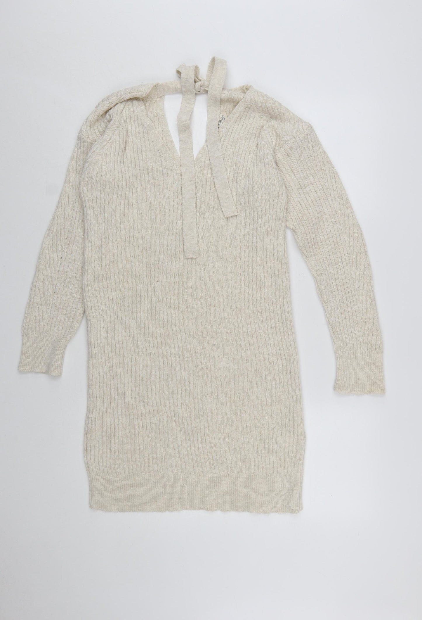 Miss Selfridge Women Beige Knit Jumper Dress Size 10 V-Neck Long Sleeve
