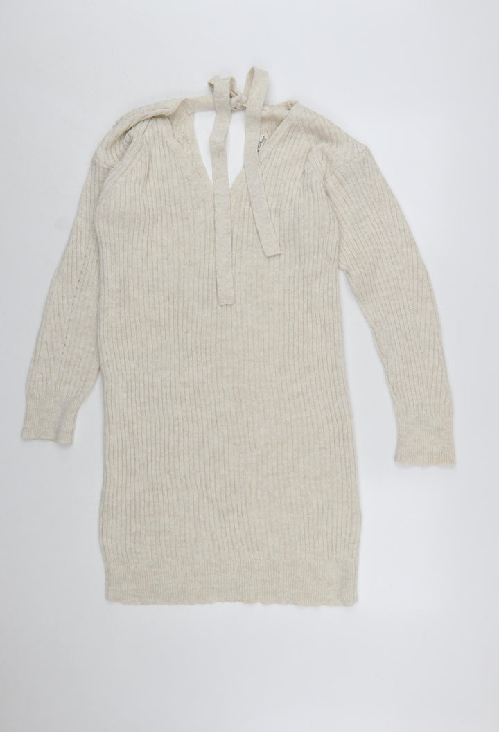 Miss Selfridge Women Beige Knit Jumper Dress Size 10 V-Neck Long Sleeve