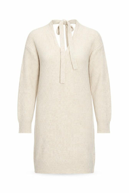 Front view of Miss Selfridge Women Beige Knit Jumper Dress, size 10, V-Neck Long Sleeve