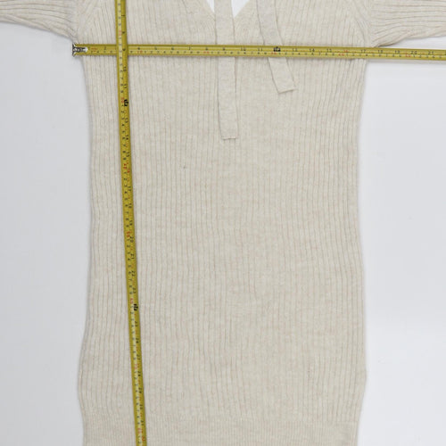 Miss Selfridge Women Beige Knit Jumper Dress Size 10 V-Neck Long Sleeve
