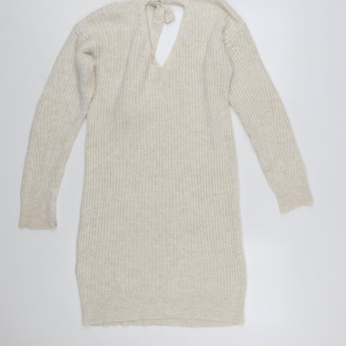 Miss Selfridge Women Beige Knit Jumper Dress Size 10 V-Neck Long Sleeve