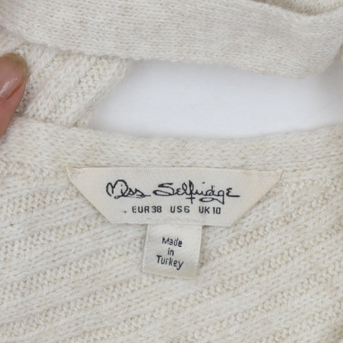 Miss Selfridge Women Beige Knit Jumper Dress Size 10 V-Neck Long Sleeve