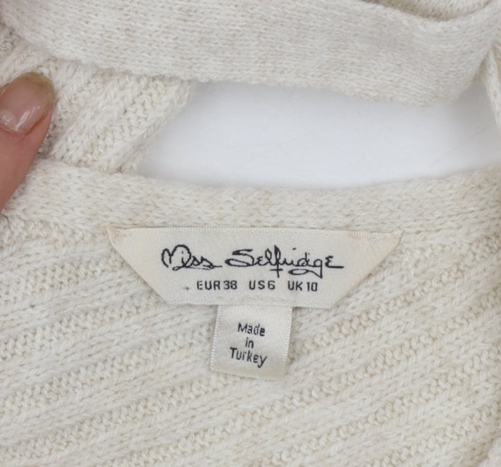 Miss Selfridge Women Beige Knit Jumper Dress Size 10 V-Neck Long Sleeve
