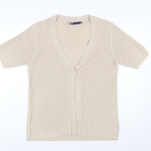 Isle Womens Beige Short Sleeve Knit Cardigan M 14-16 V-Neck Acrylic