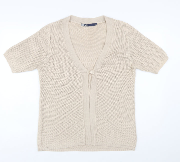 Isle Womens Beige Short Sleeve Knit Cardigan M 14-16 V-Neck Acrylic