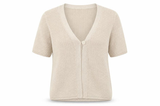 Front view of Isle women’s beige short sleeve knit cardigan m 14-16 v-neck acrylic