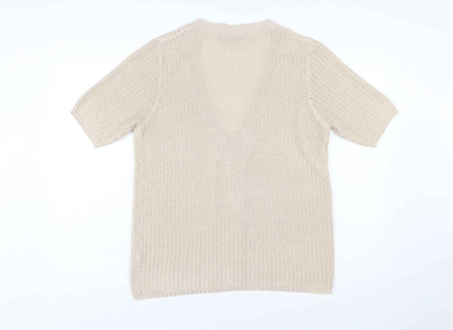 Isle Womens Beige Short Sleeve Knit Cardigan M 14-16 V-Neck Acrylic