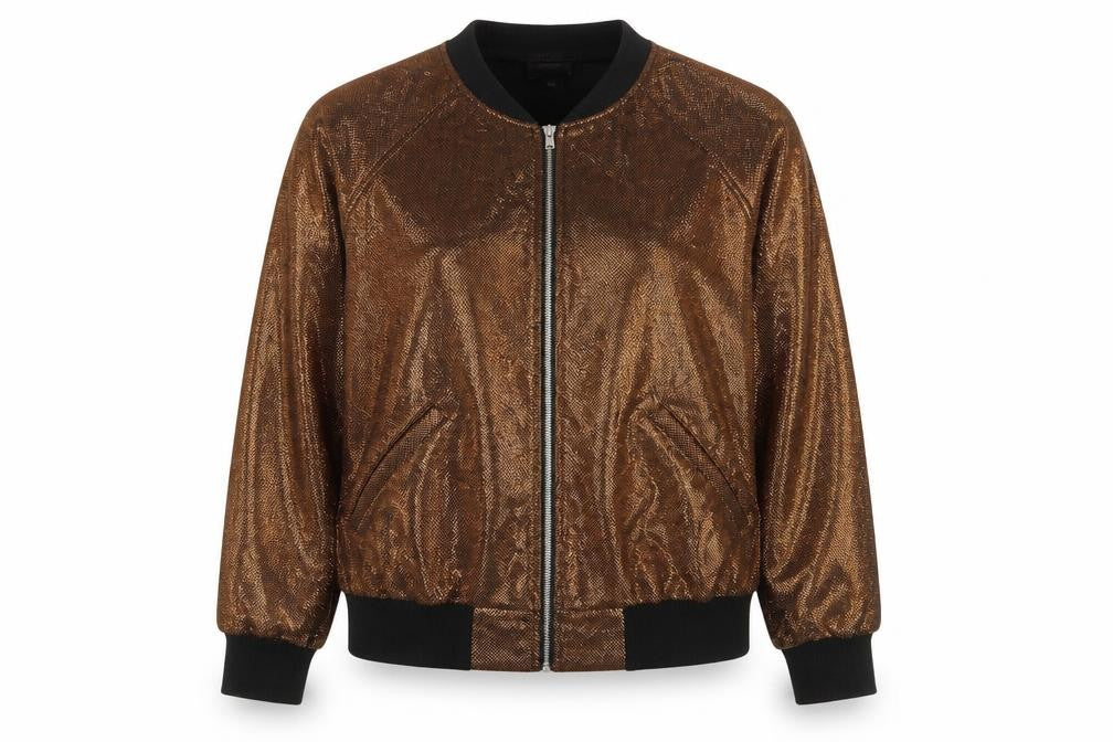 Front view of Forever 21 Women Bronze Metallic Full Zip Bomber Sweatshirt, size S