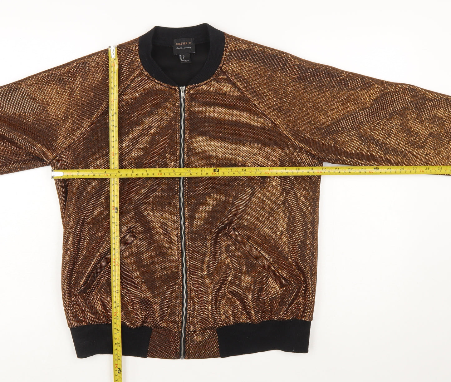 Forever 21 Women Bronze Metallic Full Zip Bomber Sweatshirt Size S