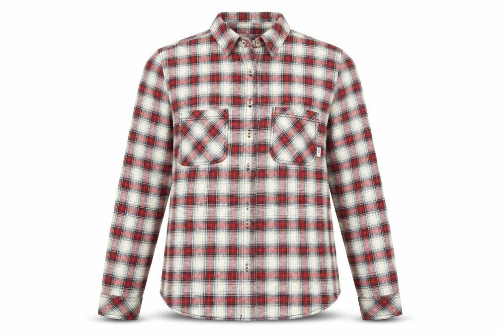 Front view of BDG Women's Red Checked Flannel Button-Up Shirt, size L