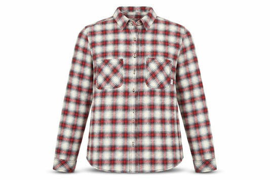 Front view of BDG Women's Red Checked Flannel Button-Up Shirt, size L