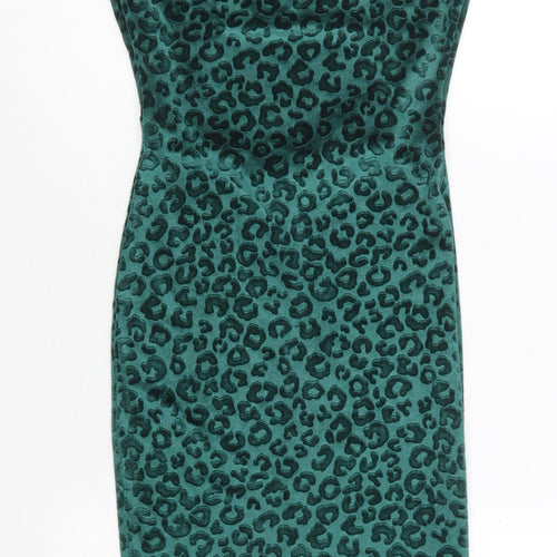 Miss Selfridge Women’s Green Leopard Velvet Bodycon Dress Size 6