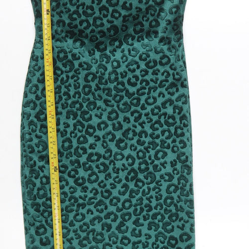 Miss Selfridge Women’s Green Leopard Velvet Bodycon Dress Size 6