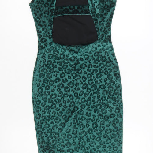 Miss Selfridge Women’s Green Leopard Velvet Bodycon Dress Size 6