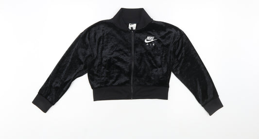 Front view of Nike girls’ black velour full zip sweatshirt hoodie m 137-146cm