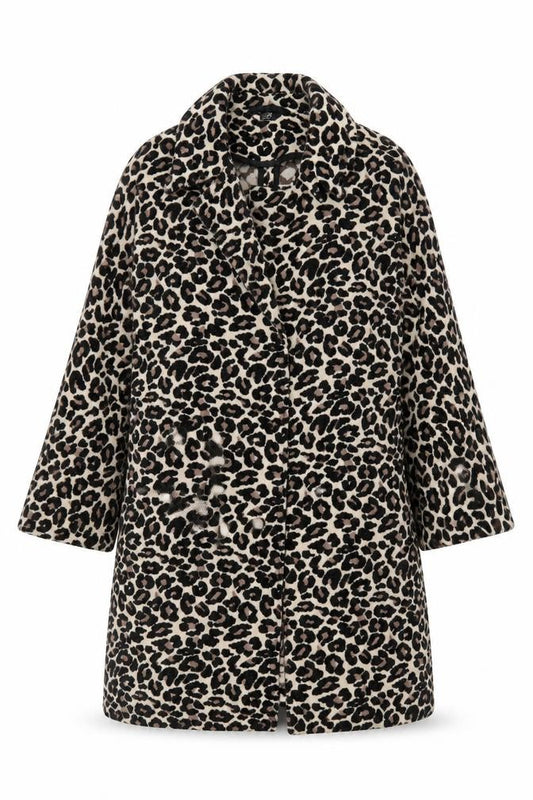 Front view of F&F Women’s Beige Leopard Print Mid-Length Coat, size UK 10