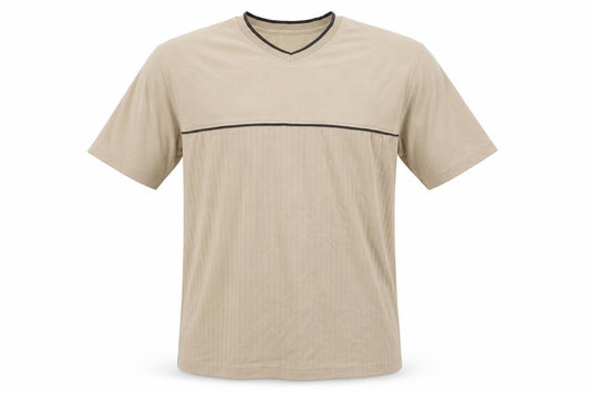 Front view of Zantos Men Beige V-Neck Short Sleeve Cotton Blend T-Shirt XL
