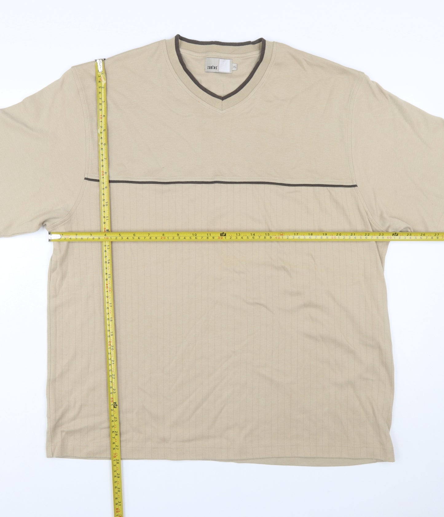 Zantos Men Beige V-Neck Short Sleeve Cotton Blend T-Shirt XL