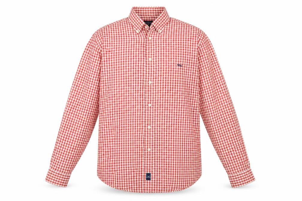 Front view of OldRiver Men's Red Check Long Sleeve Cotton Button-Up Shirt L