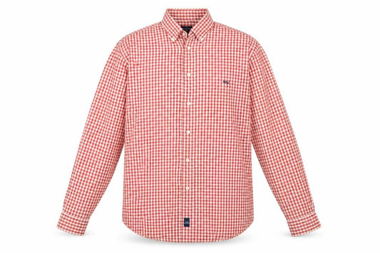 Front view of OldRiver Men's Red Check Long Sleeve Cotton Button-Up Shirt L
