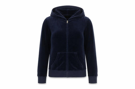 Front view of Juicy Couture Black Label Women's Navy Velour Full Zip Hoodie XS