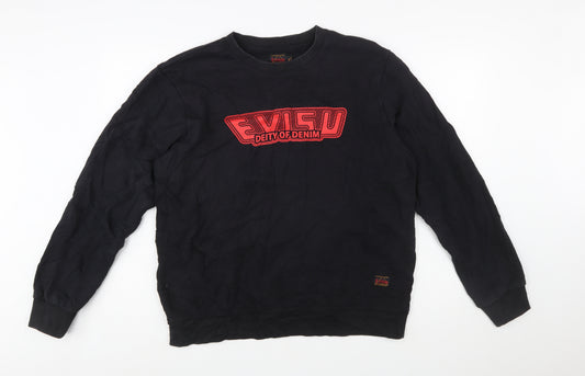 Evisu Men's Black XL Pullover Sweatshirt Crew Neck Graphic Logo Cotton