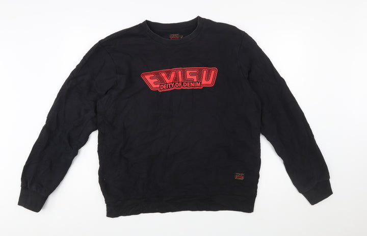 Evisu Men's Black XL Pullover Sweatshirt Crew Neck Graphic Logo Cotton