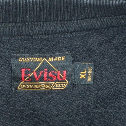 Evisu Men's Black XL Pullover Sweatshirt Crew Neck Graphic Logo Cotton