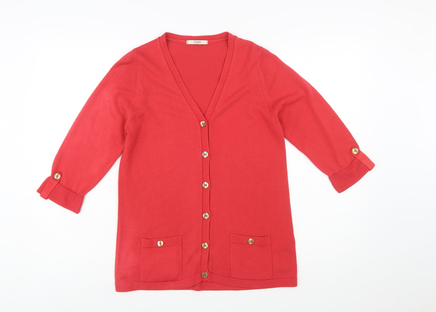 Marks and Spencer Women Red V-Neck 3/4 Sleeve Button Cardigan Size 10