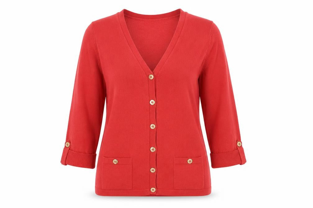 Marks and Spencer Women Red V-Neck 3/4 Sleeve Button Cardigan Size 10